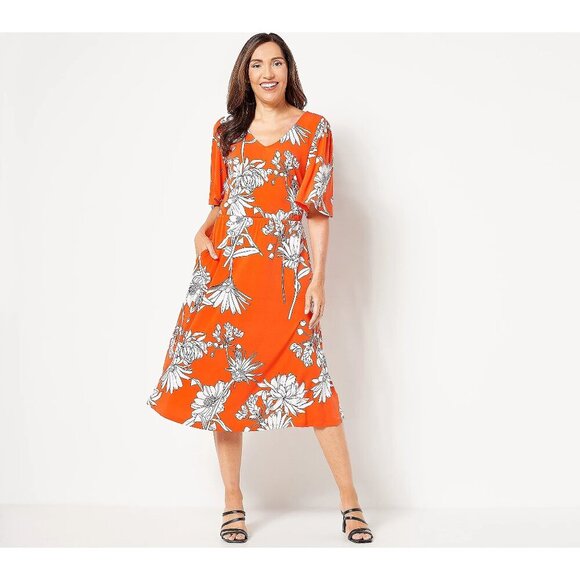 Girl With Curves TangerineFloral Tange Tall Knit Midi Dress with Flutter Sleeve - Picture 1 of 6